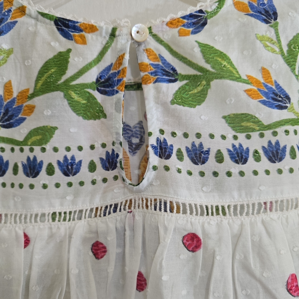 Farm Rio Summer Garden Clip Dot Printed Blouse Small Ruffle Sleeves Flowy Fit - Picture 11 of 11